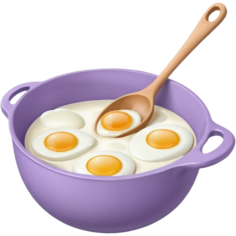 a lilac ceramic mixing bowl with a wooden spoon stirring and sitting next to it is a dozen eggs with the carton lid open emoji