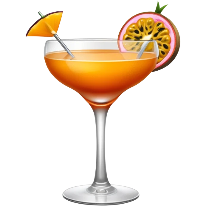 Dark orange cocktail passion fruit garnish in a coupe cocktail glass emoji