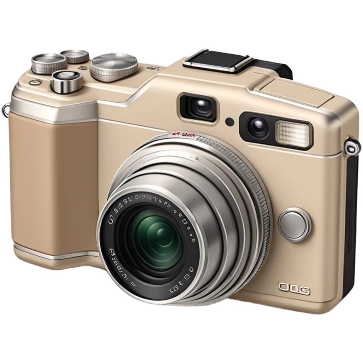 Minimalist beige Olympus Superzoom 70G camera, simplified clean design, basic rectangular shape with minimal details, just enough to identify as Olympus Superzoom 70G, flat style emoji