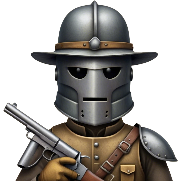 Cinematic Realistic Ned Kelly Portrait Emoji, depicted as the legendary Australian bushranger in his iconic homemade iron helmet and armor, gripping a revolver with a defiant stance. The scene is rendered with gritty textures and dramatic, shadowed lighting, evoking the lawless frontier and his rebellious, fearless legacy. emoji