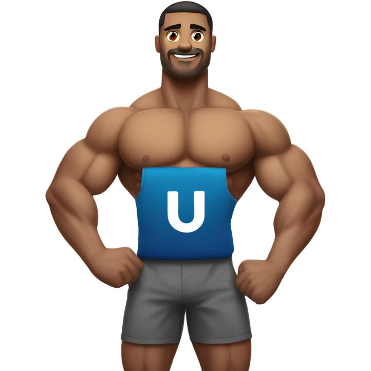 muscular male posing outdoors with UPTHELINK banner behind emoji