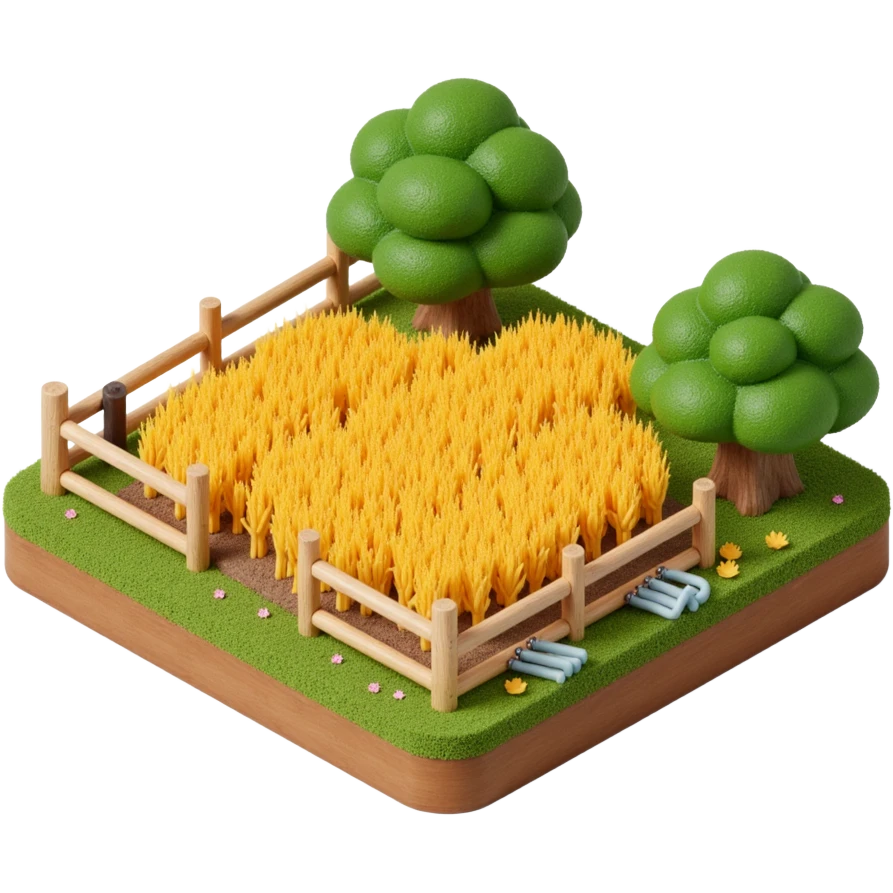 Exterior view of a small cartoon-style farm with a tiny wheat field, a few golden stalks swaying, wooden fence, small irrigation pipes along the soil emoji