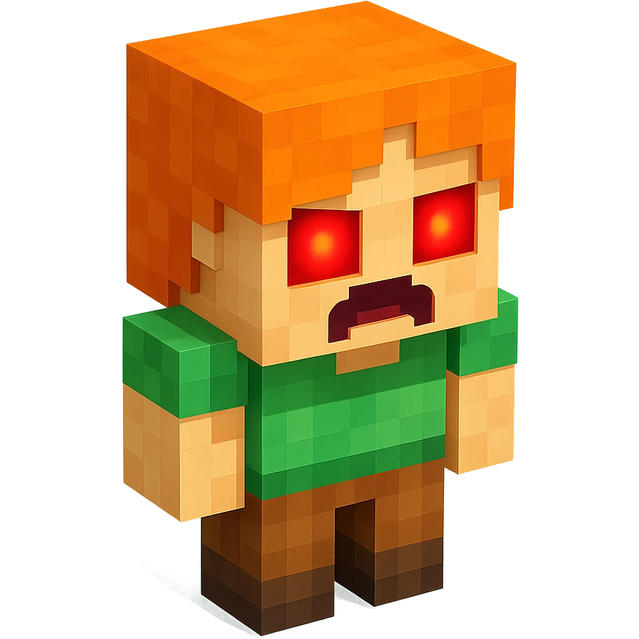 Alex from Minecraft, 3D blocky voxel style, orange hair, green shirt, brown pants, facing forward, angry expression with glowing red eyes, horror style emoji