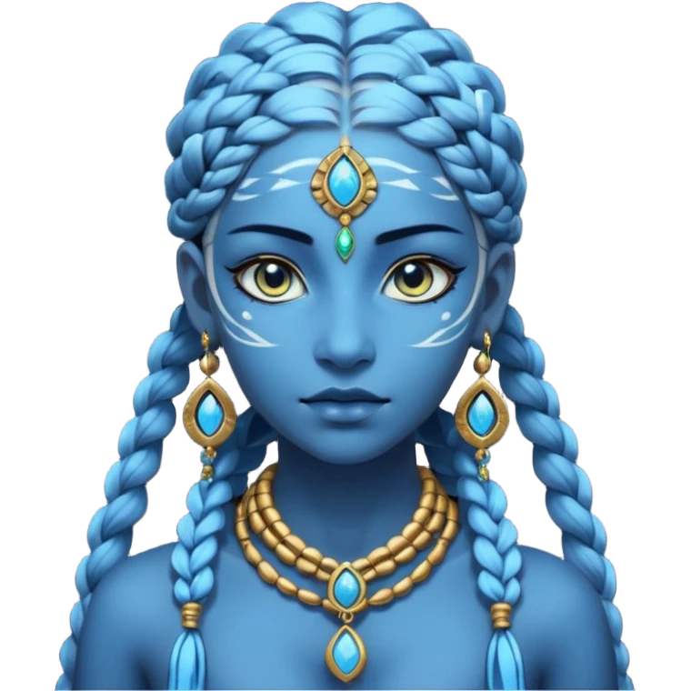 Illustrate a Pandora-style female avatar with radiant blue skin, intricate facial markings, twin braids flowing down, and deep luminous eyes. She wears golden earrings and a tribal rope necklace with a gem, her calm yet powerful gaze reflecting the spirit of the Na’vi. emoji