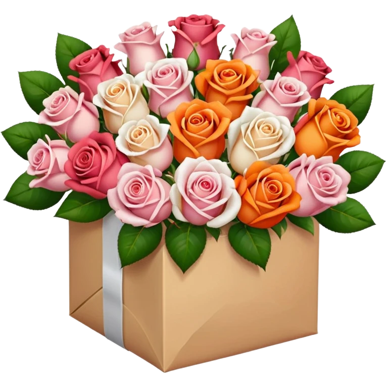 light pink Bouquet of red orange pink white roses in package emoji