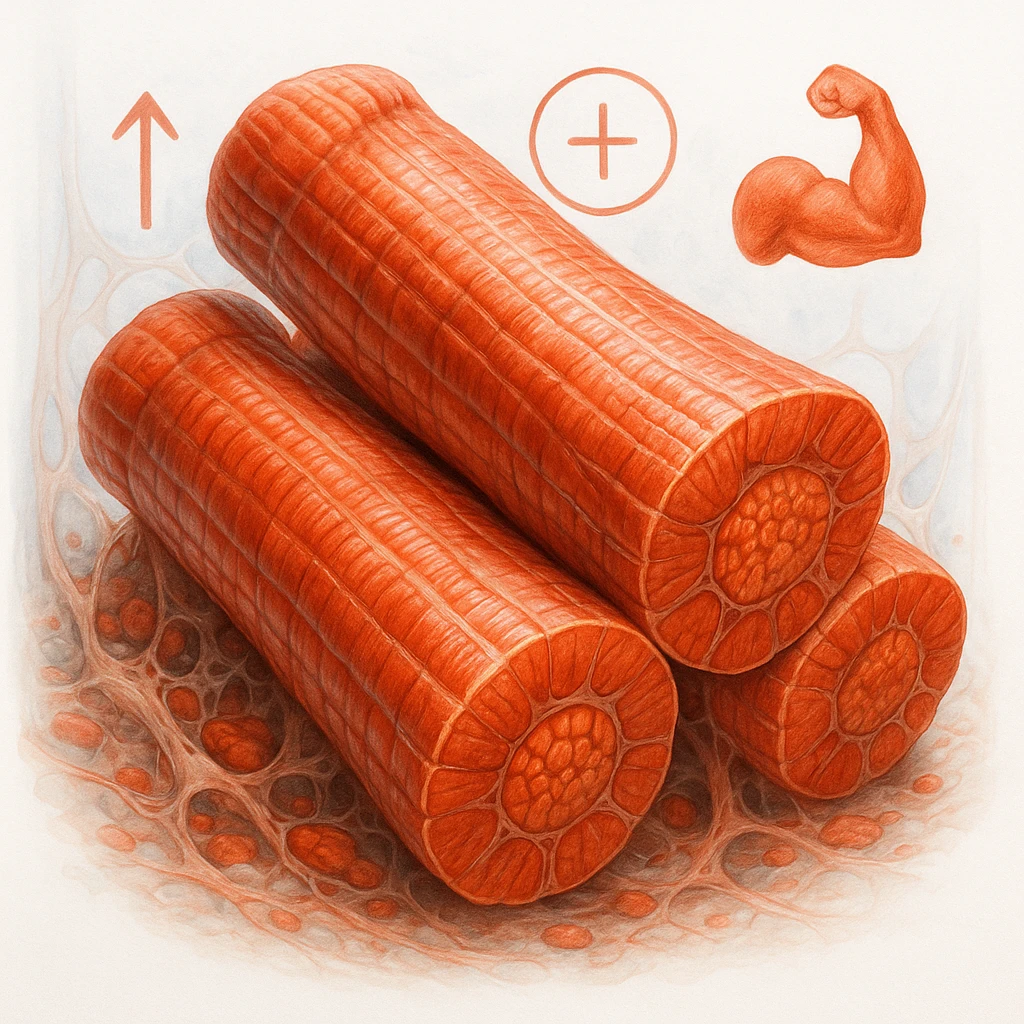 hyper realistic illustration of fast-twitch muscle fibers, high threshold, bulky and highly hypertrophied appearance, cellular details, clinical atmosphere, vivid colors, symbols of growth and power, white background emoji