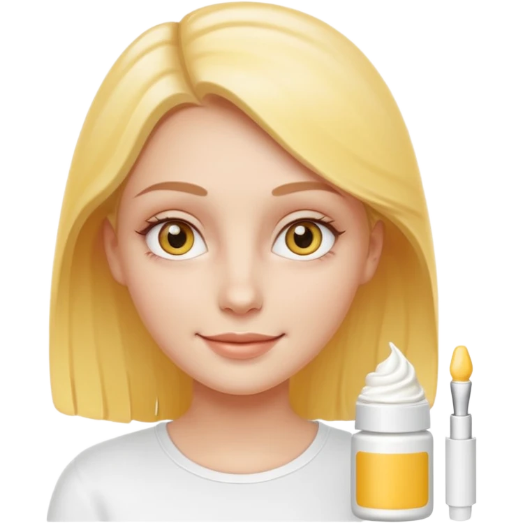 Create a high-quality iPhone-style emoji of a white girl face, with a small amount of yellow eye cream clearly applied under both eyes, realistic shading, smooth gradient colors, rounded and cute 3D cartoon style, subtle smiling expression, simple white b emoji