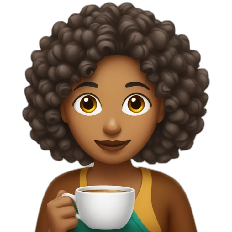 Indian woman with curly hair taking a coffee emoji