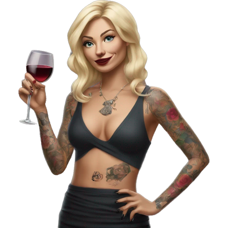 Blonde elegant women, her body covered with tattoos, wine in her one hand, pointing on myself with her other hand , Hyper realistic emoji