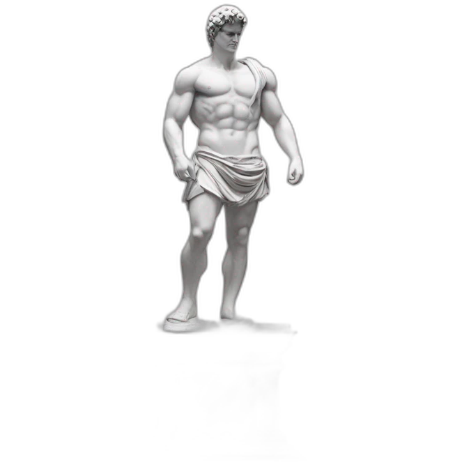 estátua dos pés a cabeça de um homem musculoso igual a Roma antiga. Mármore branco. Sem roupas. O bico do peito está em destaque, em seguida a V-Line da cintura. Sem roupa. Nadega de fora. emoji