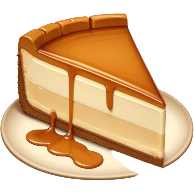 a slice of cheesecake. The base is made of light brown biscuit; the first layer of filling is caramelized dulce de leche, and the upper layer is creamy, light beige, and has a smooth texture. On top, there is a caramelized dulce de leche topping dripping down the center of the slice emoji