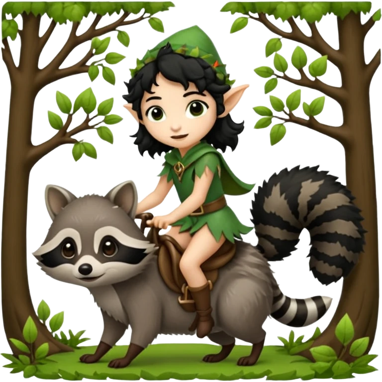 tiny forest elf with curly black hair riding raccoon emoji