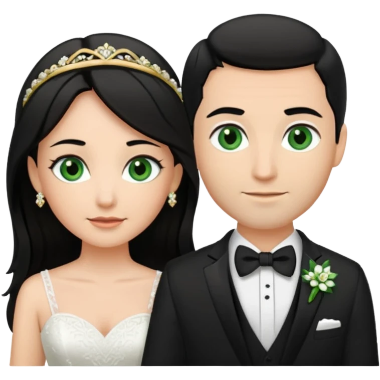 Bride has Black hair and medium brown eyes. Groom has green eyes and brown hair. White gold wedding bands emoji
