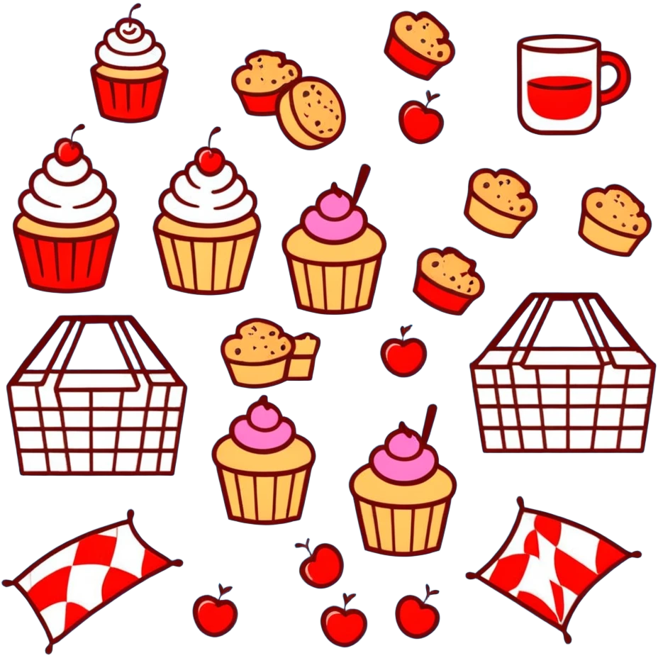 picnic with cupcakes, cookies and tea on a red and white checkered blanket emoji