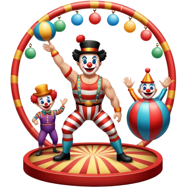 Icon for Circus Arts: a vibrant round circus arena with a strongman in a striped costume,  juggler and a clown performing. The icon should convey the excitement and fun of circus performances, with focus on the performers and the colorful setting. Transparent background. emoji