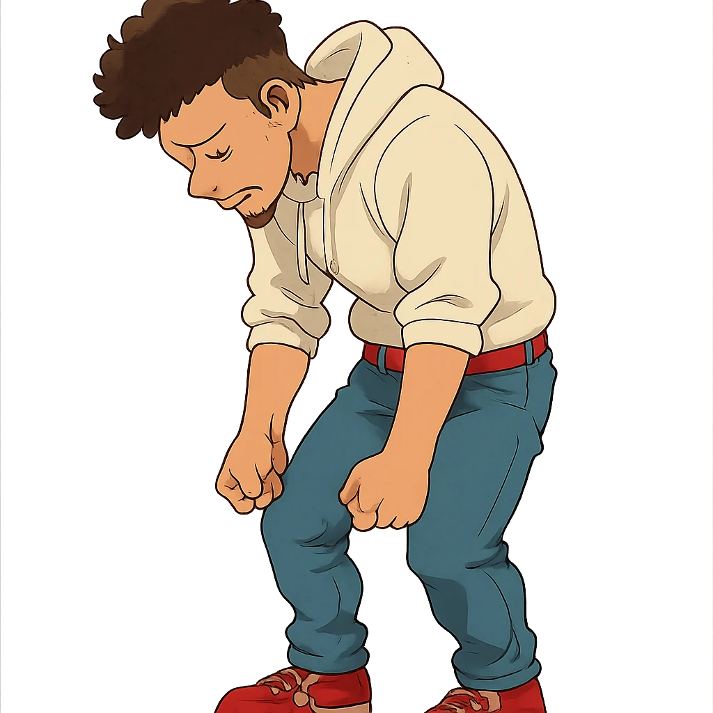 1 male, mid fade haircut dark chestnut brown curly hair, toasted lightskin, white hoodie sleeves up, fashion jeans, red fashion-sneakers shoes, red belt, short trimmed beard and goatee,  style of deku from "my hero academia", doing a "sad" pose emoji