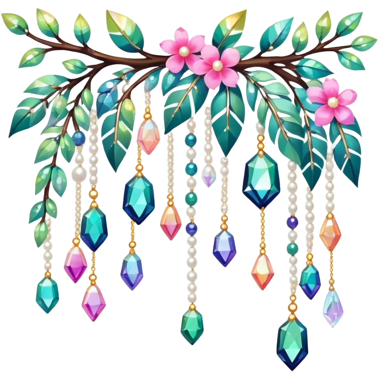 Exotic colorful romantic Few cute tiny Iridescent glistening glossy sparkly shiny glittery hanging crystals pearls and beads and gemstones scenery scenic decorations with branches and flowers emoji