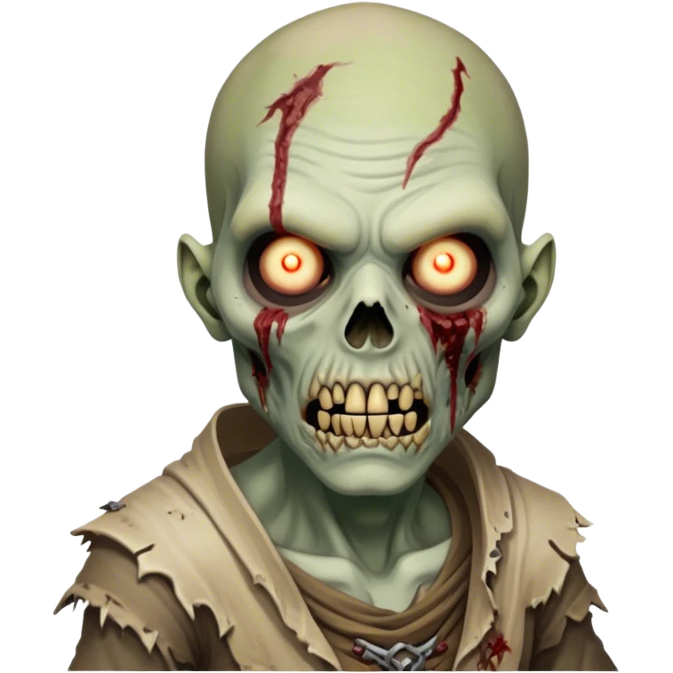 Cinematic Realistic WoW undead friendly zombie Portrait, captured in a fierce, battle-ready stance, muscles taut beneath his tattered, earth-toned attire. His decayed, pallid skin and glowing eyes are rendered with intense lifelike detail and dynamic lighting, high shine, embodying the raw, relentless fury of an undead friendly zombie in the heat of combat. emoji