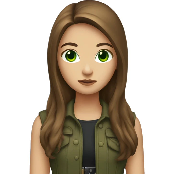  girl with long brown hair green eyes with gun emoji