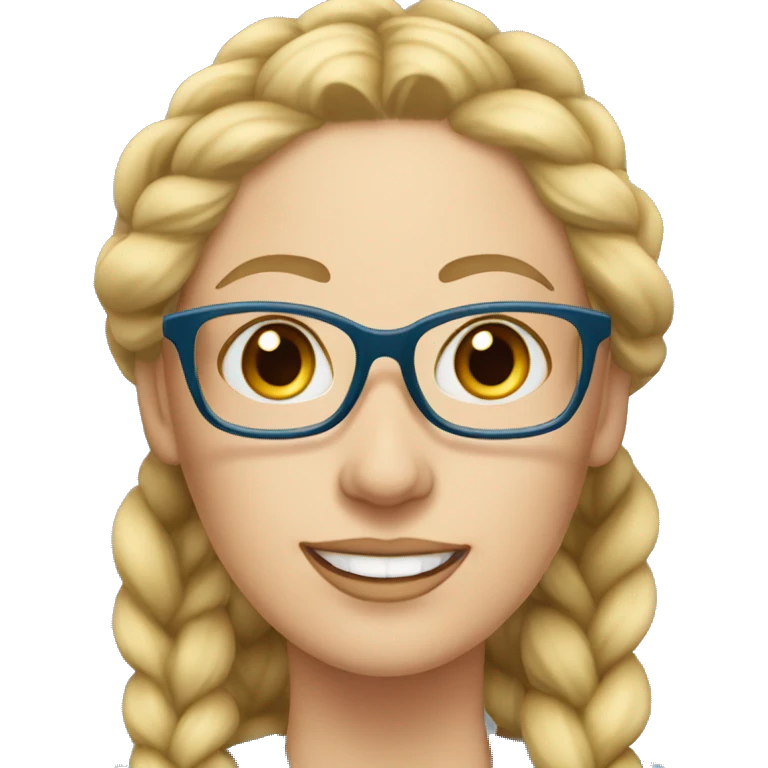 mature woman with long blonde hair in a braid, blue eyes, wearing glasses emoji