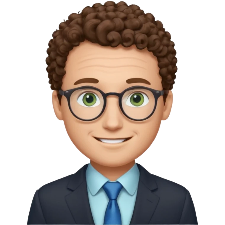 The face of a white man, with blue/green eyes, a large forehead, small and thin round glasses, curly brown hair, wearing a suit, and smiling emoji