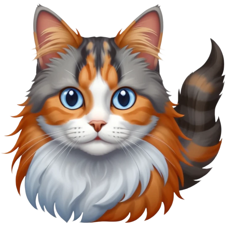 longhair calico cat with blue eyes and longhair grey tabby cat with orange eyes together emoji