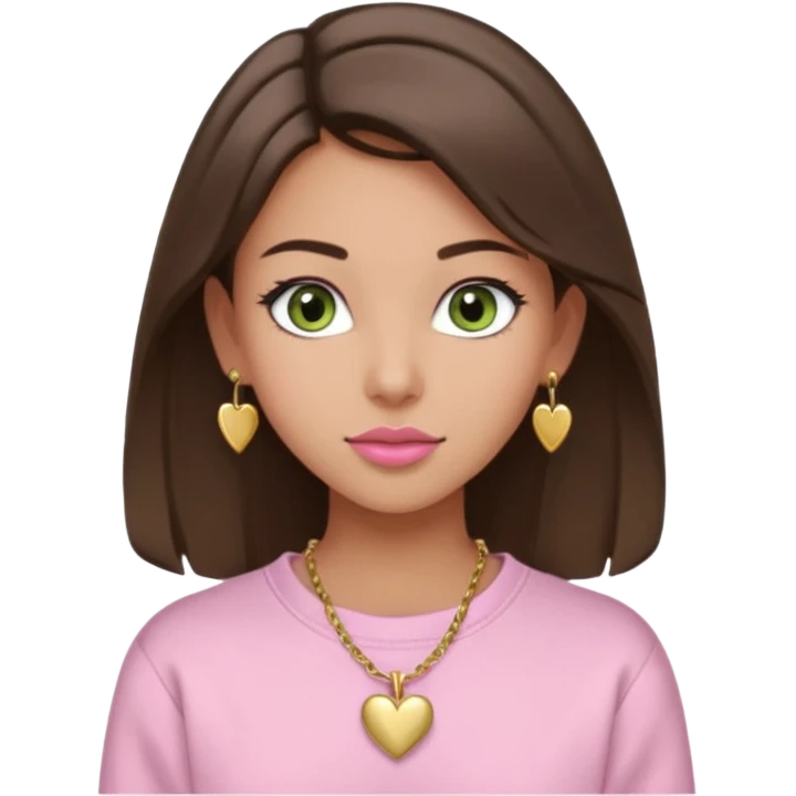 Create a teen girl wearing a light pink sweatshirt. She will have brunette hair, tan skin, pink lips, and grey-green eyes. She has long eyelashes. She is wearing gold stud earrings and a gold necklace with a heart-shaped pendant. emoji