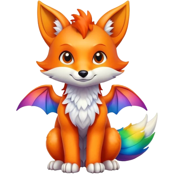 Cartoon Fox dragon hybrid with wings face front full body rainbow colored emoji