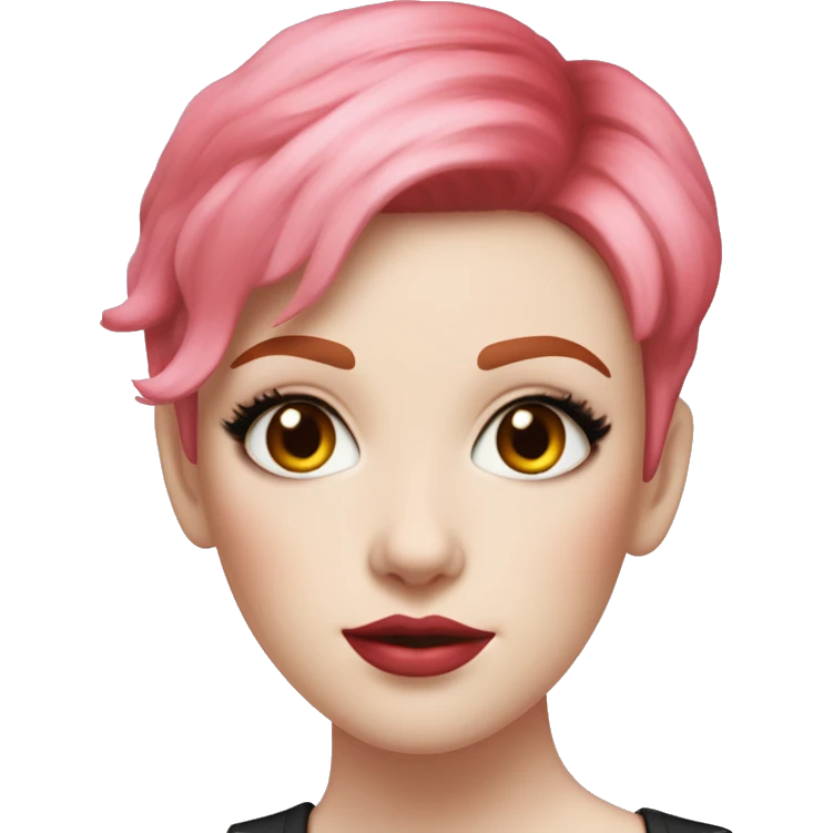 Woman with very pale skin, with bright red pixie cut hair, heavy eye makeup, cat eyeliner, long eyelashes, bright pink blush and bright pink lipstick  emoji