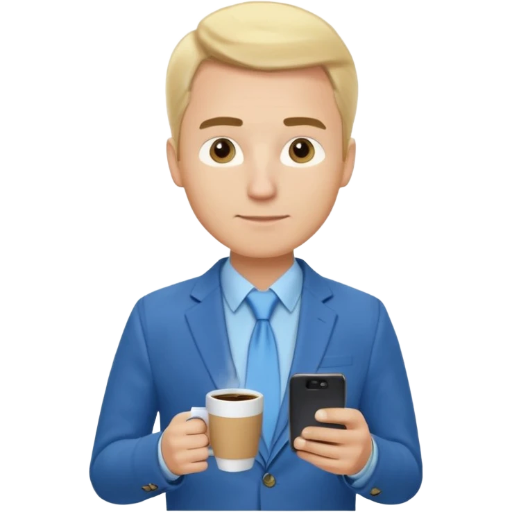 Confident male entrepreneur, Caucasian features, blonde hair, defined eyebrows, slight smile, wearing blue blazer over light blue shirt, holding a smartphone in one hand and a coffee cup in the other, waist-up, front-facing emoji