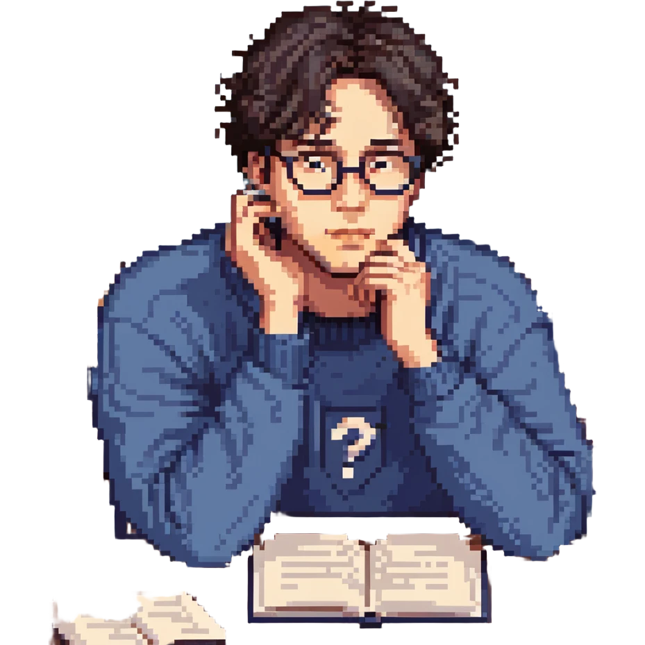 Flat pixel are, calm and curious male thinker, light skin, short tousled dark hair, round glasses, focused expression, wearing an indigo sweater, seated at a desk with open books and a floating question mark above his head, one hand resting under his chin in thought, waist-up, front-facing emoji