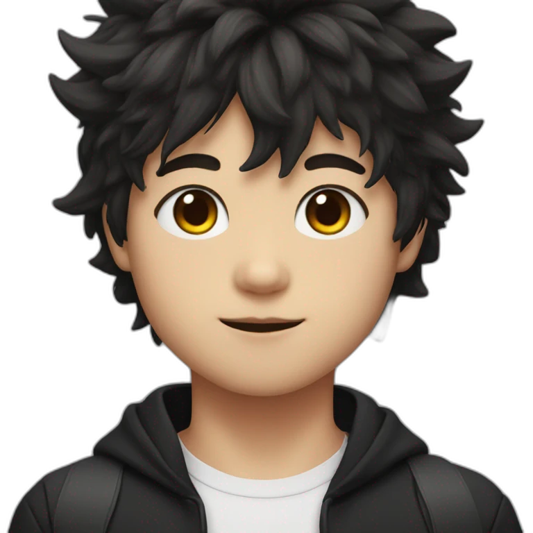 Japanese boy, with black cat ears and cute fluffy hair in black emoji