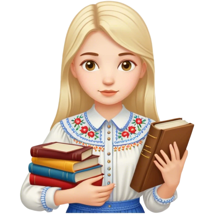 A Ukrainian girl in an embroidered shirt holds many books emoji