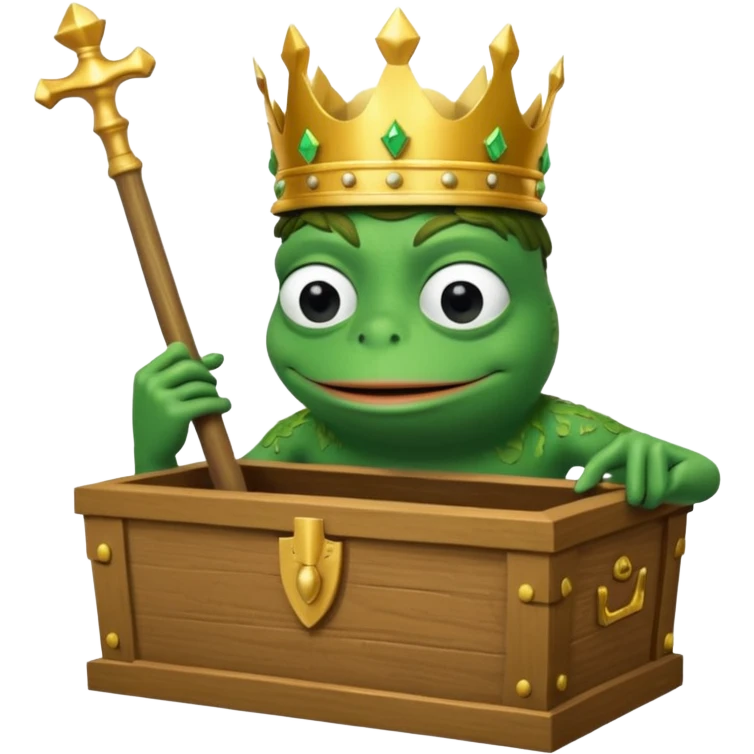 Emoji of an empty wooden coffin with its lid on top, the word ‘ECHO’ carved into the lid. The coffin is shown from the outside. A king-like Pepe the Frog, standing outside the coffin, is hammering nails into the lid to seal it shut. No character is inside the coffin. Not a treasure chest. emoji