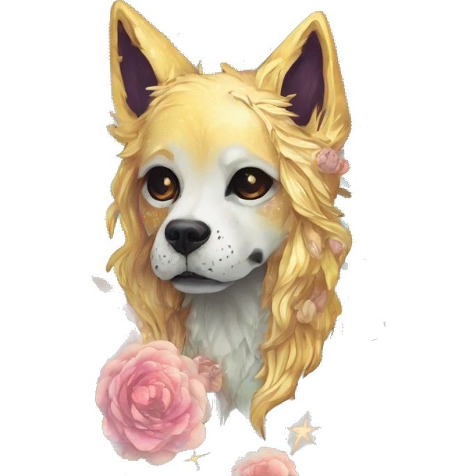 iridescent kintsugi fluffy zombie dog fox head zombie skull skeleton gold mechanical nebula galaxy stars colorful flowers fairy lights vintage zombie emoji