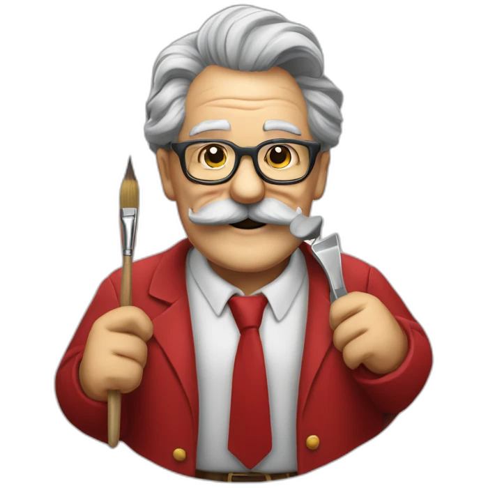 smiling old painter wearing a big grayl horeshoe mustache and glasse. he has a paintbrush in his hand. he wears red shirt and tie emoji