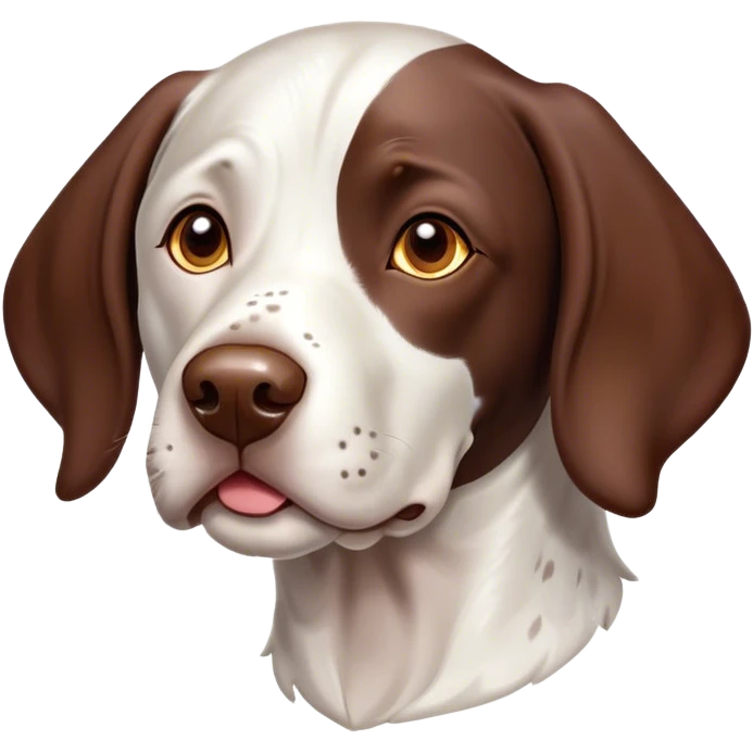 Cinematic Cute German Pointer Portrait Emoji, Head tilted playfully and inquisitively, showcasing a smooth liver and white coat with a healthy sheen, round, sparkling brown eyes filled with curiosity, Simplified yet irresistibly adorable features, highly detailed, glowing with a warm, friendly glow, high shine, affectionate and spirited, stylized with a touch of whimsy, bright and endearing, soft glowing outline, capturing the essence of a mischievous yet loving companion, so playful it feels like it could dash out of the screen and into your arms! emoji
