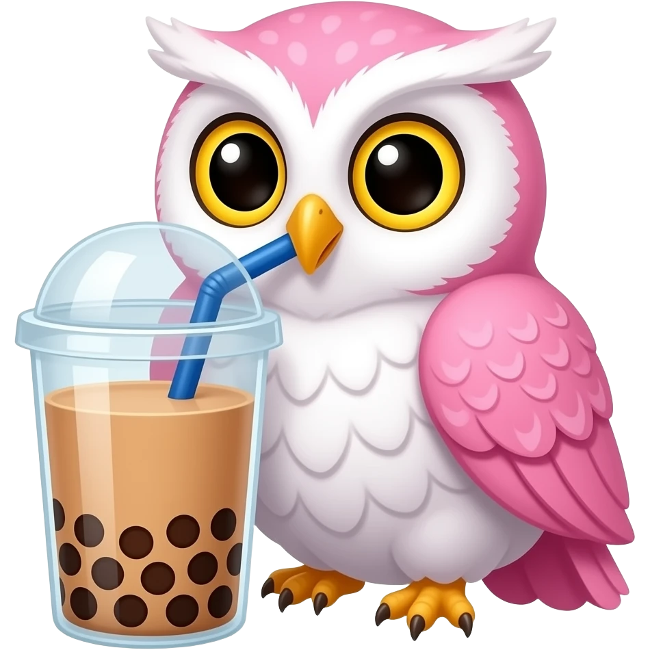 Bubble tea drinking white pink owl emoji