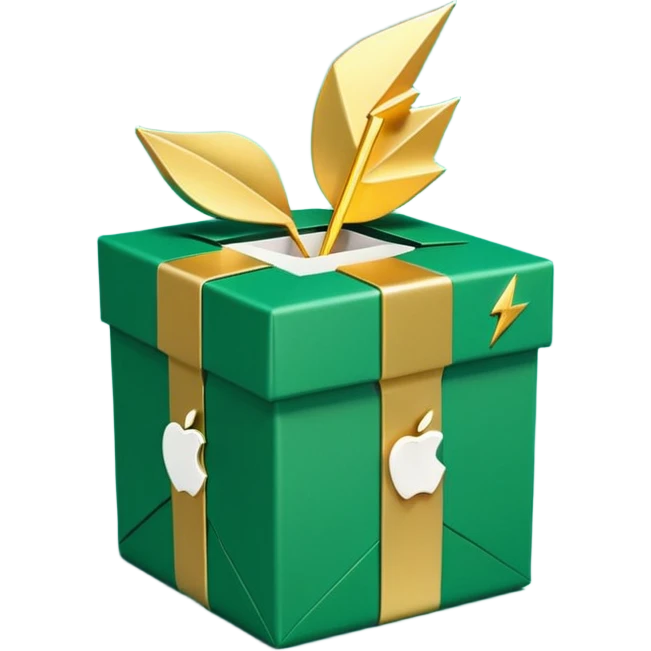 3D minimal open gift box with small floating icons coming out (envelope, lightning bolt, sparkle), matte finish, deep green (#0B3D2C) box, gold (#C9B037) icons, Apple style, ultra minimal, soft shadow, transparent background emoji