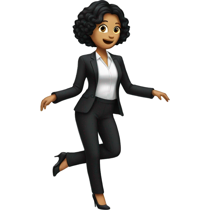 A white woman with black hair wearing a black pantsuit dancing emoji