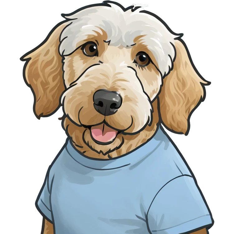 Golden doodle wearing light blue & white tshirt emoji