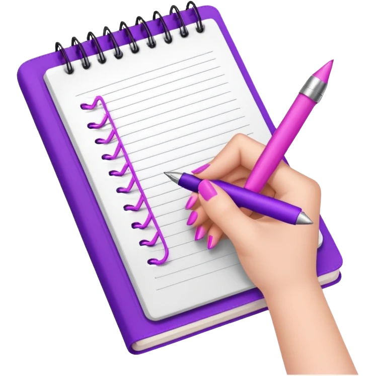feminine hand with purple nails, pink pen, and open notebook emoji