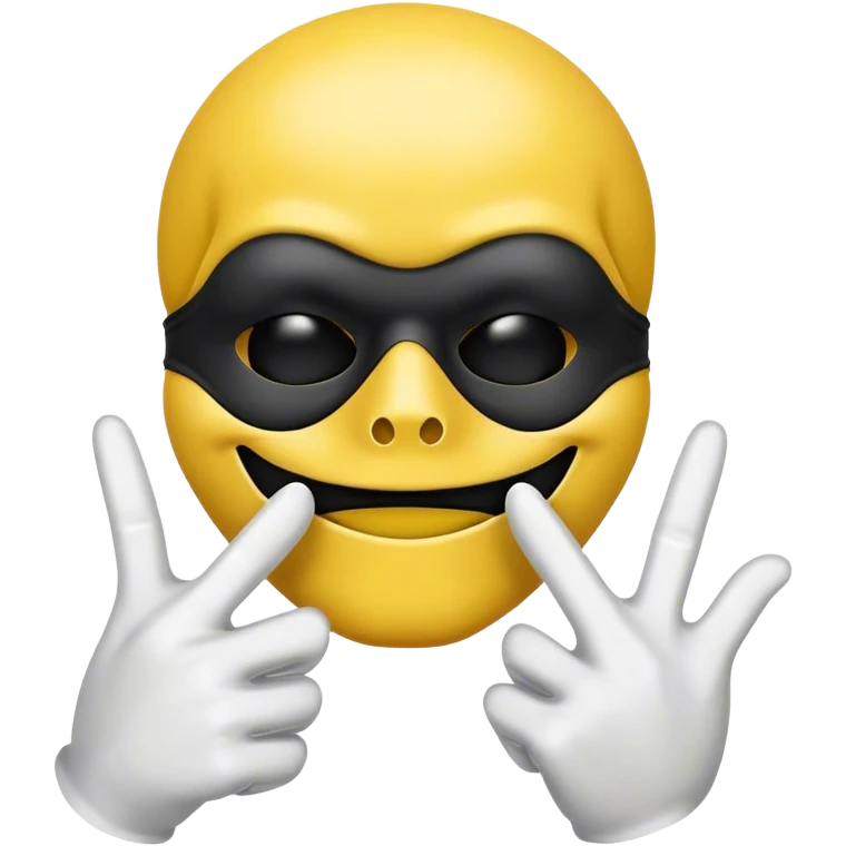 Yellow face emoji , with black mouth mask on it half lower skull , with hand sign like winner but second finger is open and third finger is closed emoji