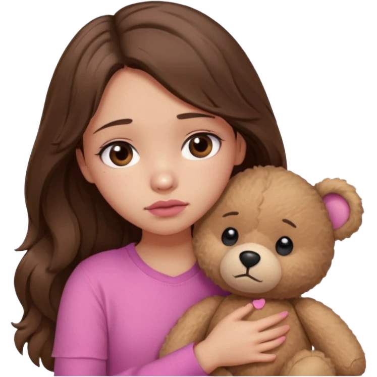 girl with long wavy brown hair, brown eyes, light to medium complexion, in a pink shirt, pink lips, long lashes, sad, hugging a teddy bear with a broken heart emoji