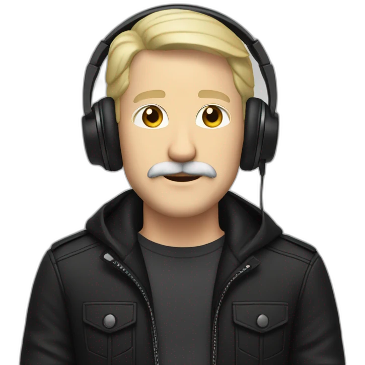 ADULT WHITE MAN BLONDE HAIR AND MUSTACHE USING A BLACK JACKET AND A HEADPHONE WITH A NEUTRAL FACE emoji
