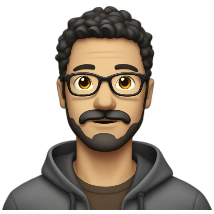 Creative Man with dark hair moustache and beard wearing a hoodie and glasses emoji