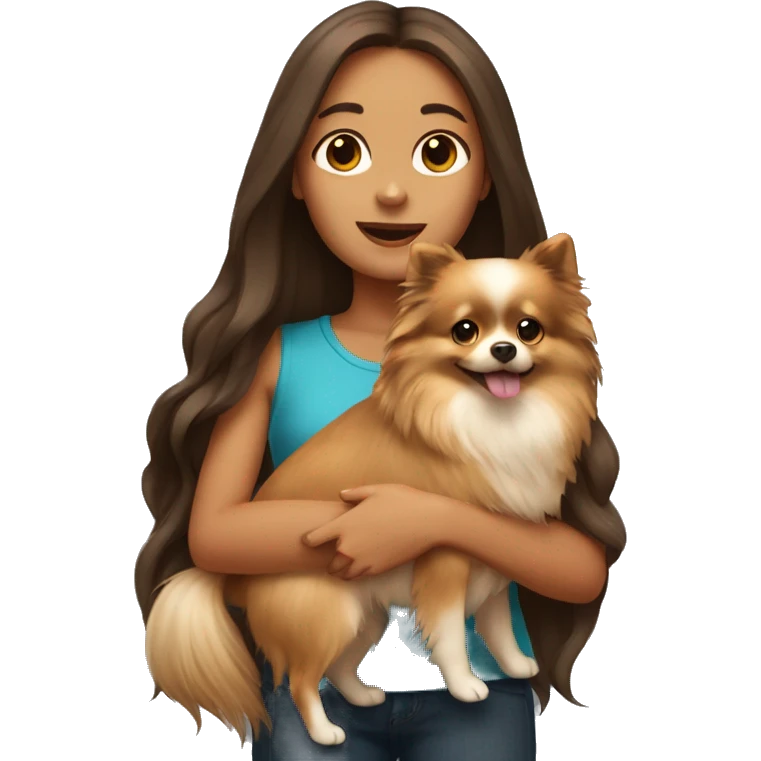 Girl with long brown hair holding a Pomeranian dog emoji