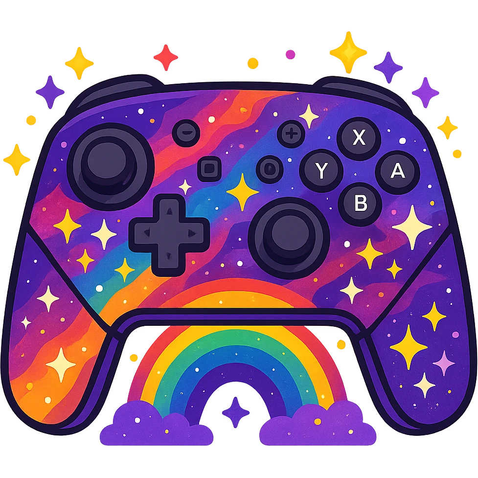 Nintendo Switch Pro controller featuring a purple rainbow galaxy design, vivid cosmic gradients, star clusters, and a magical, energetic vibe emoji