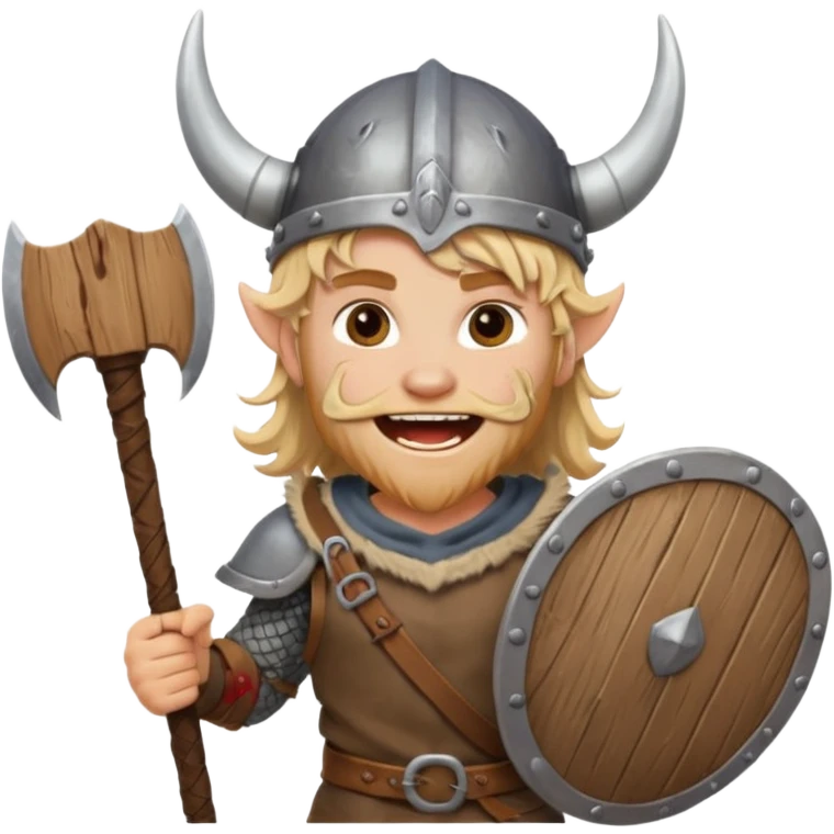 A young Viking warrior with messy hair, wooden shield, and fierce excited grin with horned helmet emoji