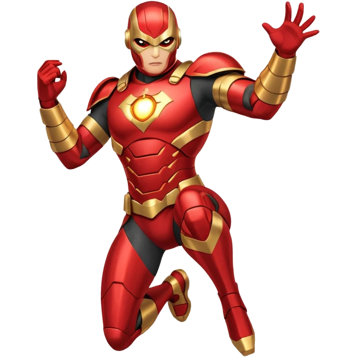 "A high-quality die-cut sticker of a tech-based armored superhero in a dynamic flying pose. Vibrant red and gold metallic plating, glowing circular chest piece, thick white border, flat vector art style, white background." emoji